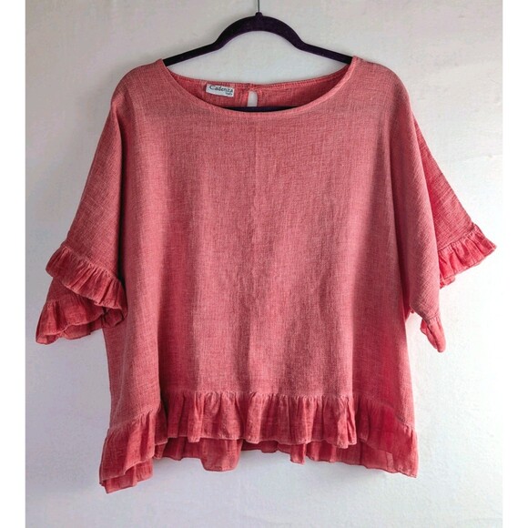 Cadenza Italy Women’s Linen Blend Top Blouse Ruffle Hem Sleeve Coral Pink Size L - Picture 2 of 4